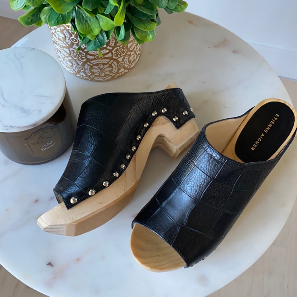 Etienne Aigner Yael Peep Toe Clog Black Croc Print